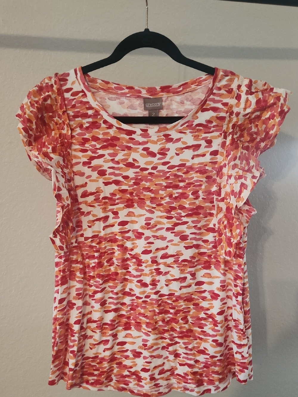 Chico's Women's Red & Orange Short-Sleeve Ruffle Top Size 2 12/14/16 XL NWT